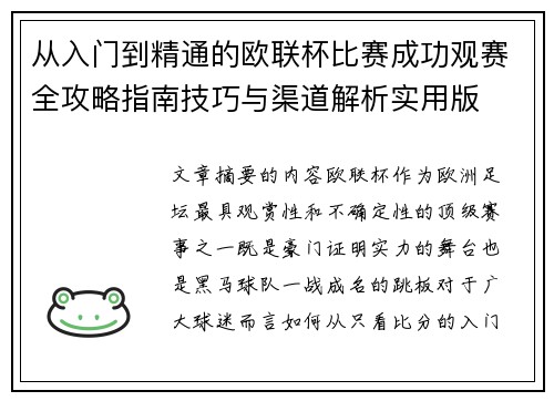 从入门到精通的欧联杯比赛成功观赛全攻略指南技巧与渠道解析实用版